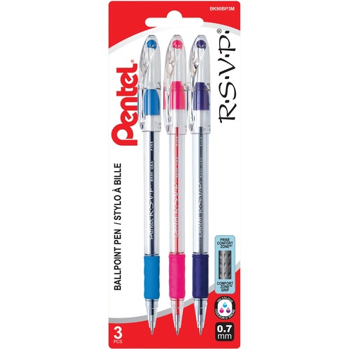 Pentel R.S.V.P. Ball Point Pen Fine Point Assorted Colours 3/pkg - Fine Pen Point - Refillable - Assorted - Transparent Barrel - Stainless Steel Tip - 3 / Pack
