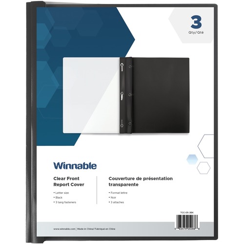 Winnable Letter Report Cover - 8 1/2" x 11" - 80 Sheet Capacity - 3 x Tang Fastener(s) - Black - 3 / Pack