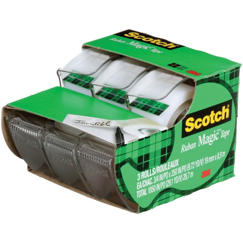 Scotch Magic Invisible Tape Dispensers 3/4" (19 mm x 8.9 m) 3/pkg - Repositionable, Split Resistant, Tear Resistant, Yellowing Resistant - 3 / Pack