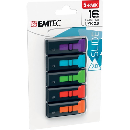 EMTEC USB 2.0 Flash Drive - 16 GB - USB 2.0 - 15 MB/s Read Speed - 5 MB/s Write Speed - Assorted - 5 / Pack - USB Drives - EMTECMMD16GC452P5