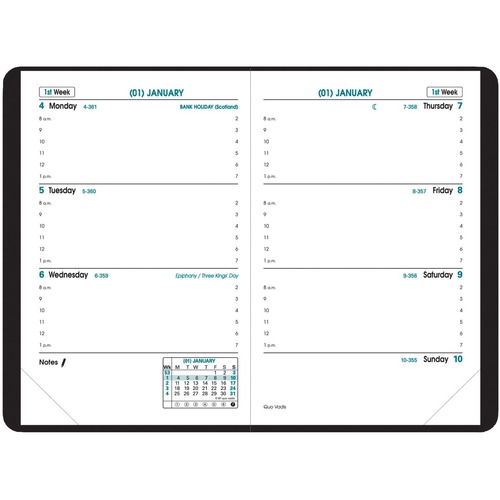 Quo Vadis SapaX Freeport Weekly Pocket Diary 5-1/2" x 3-1/2" English Black - Weekly - 8:00 AM to 7:00 PM - Hourly - 1 Week Double Page Layout - Sewn - Black - Flexible Cover, Notebook Section