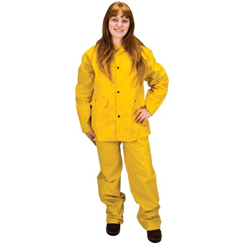 Zenith RZ100 Rain Suit Large Yellow - 3-layered, Welded Seam, Storm Flap, Pocket, Corduroy Collar, Detachable Hood, Adjustable Suspender, Fly Front, Vented, Cape Back, Adjustable Waist Snap - Large Size - Rain Protection - Polyvinyl Chloride (PVC), Polyes