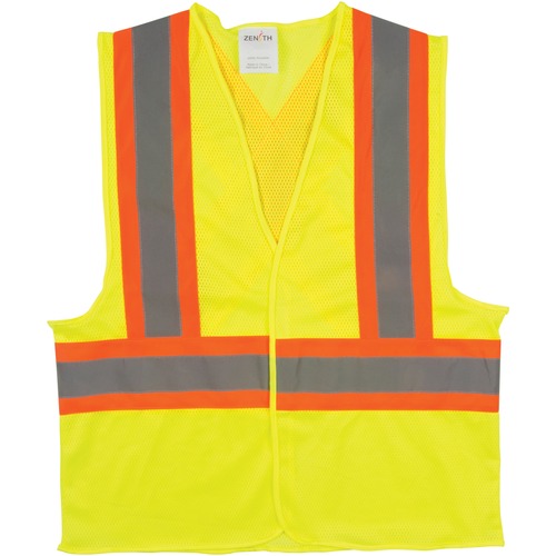 Zenith Traffic Safety Vest Large Lime Yellow - Recommended for: Traffic - Lightweight, Comfortable, Reflective Strip, Machine Washable - Large Size - Hook & Loop Closure - Polyester, Fabric Mesh - Orange, Silver, High Visibility Lime Yellow