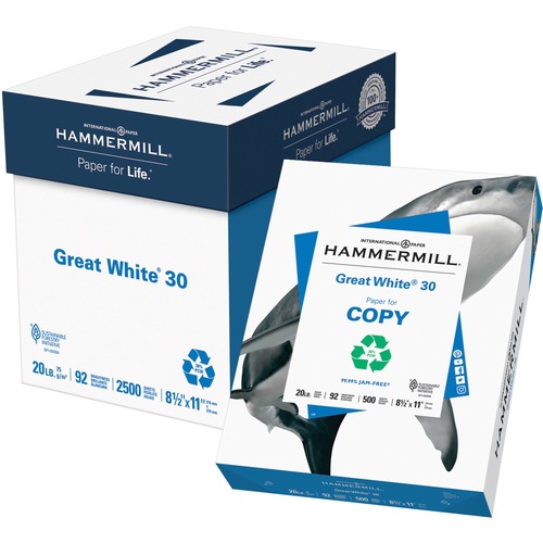 Hammermill Great White 30 Copy Paper - White - 92 Brightness - Letter - 8 1/2" x 11" - 20 lb Basis Weight - 75 g/m² Grammage - 5 / Carton - 2500 Sheets - 500 Sheets per Ream - Sustainable Forestry Initiative (SFI) - Acid-free, Moisture Resistant, Jam