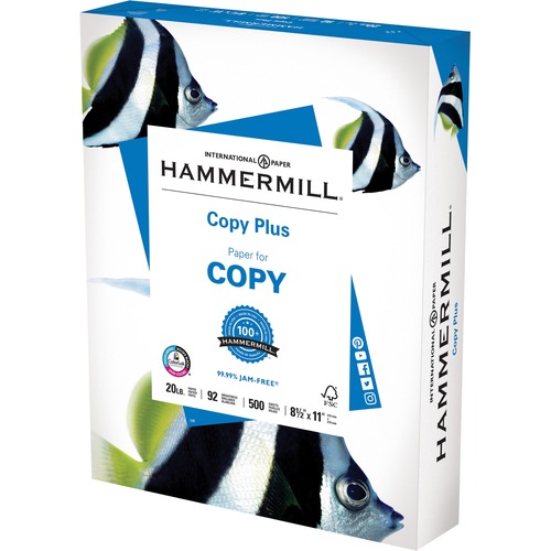 Hammermill Copy Plus Paper - White - 92 Brightness - Letter - 8 1/2" x 11" - 20 lb Basis Weight - 75 g/m² Grammage - 5 / Carton - Acid-free, ColorLok Technology, Jam-free - White