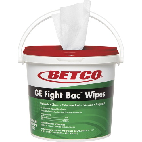 Betco GE Fight Bac Disinfectant Wipes - 7" Length x 5.50" Width - 500 / Tub - 1 Each - Non-irritating, Washable - White
