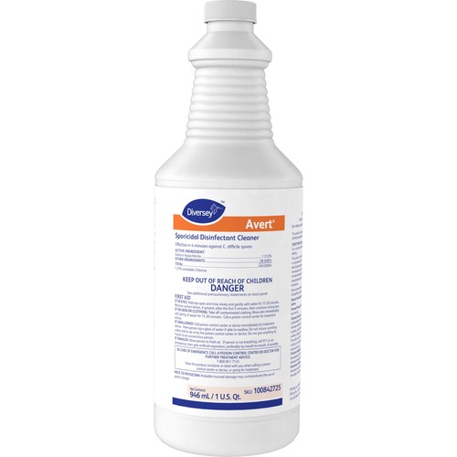 Diversey Avert Sporicidal Disinfect Cleaner - Ready-To-Use - 32 fl oz (1 quart) - Chlorine Scent - 12 / Carton - Disinfectant, Deodorize, Rinse-free - Yellow