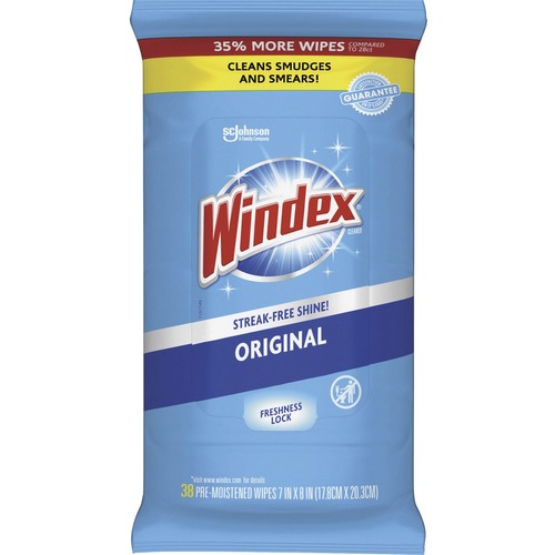 Windex® Glass & Surface Wipes - Ready-To-Use - 38 / Pack - Streak-free, Unscented, Chemical-free