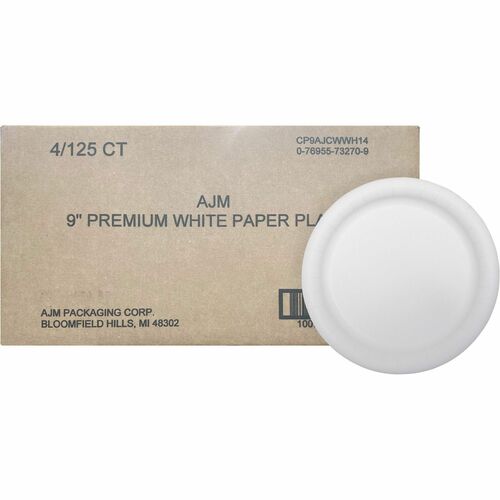 AJM 9" Dinnerware Paper Plates - Disposable - 9" Diameter - White - Paper Body - 125 / Pack