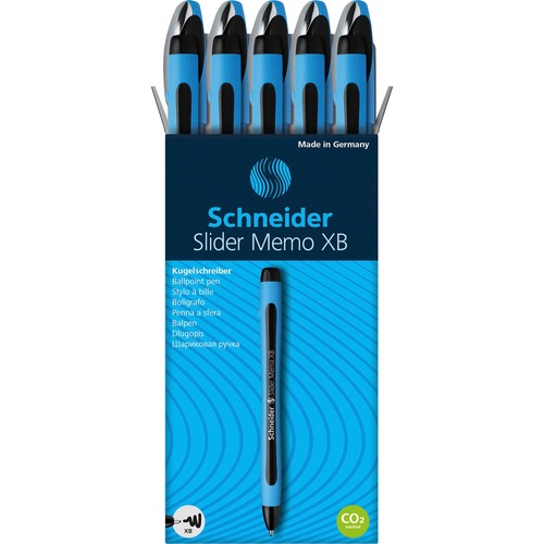 Schneider Slider Memo XB Ballpoint Pen - Extra Broad Pen Point - 1.4 mm Pen Point Size - Black - Black Rubberized, Light Blue Barrel - Stainless Steel Tip - 10 / Pack