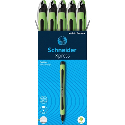 Schneider Xpress Fineliner Pen - Medium Pen Point - 0.8 mm Pen Point Size - Black - Black Rubberized, Green Barrel - Stainless Steel Tip - 10 / Pack