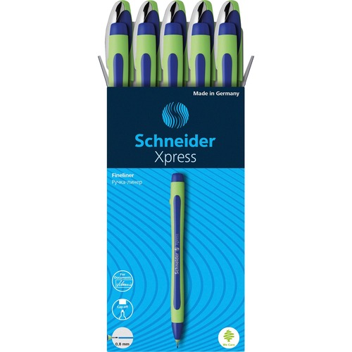 Schneider Xpress Fineliner Pen - Medium Pen Point - 0.8 mm Pen Point Size - Blue - Blue Rubberized, Green Barrel - Stainless Steel Tip - 10 / Pack