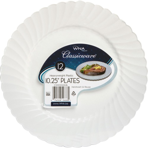 Classicware 10-1/4" Heavyweight Plates - Picnic, Party - Disposable - 10.3" Diameter - White - Plastic Body - 12 / Pack