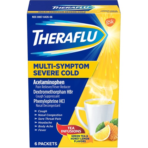 Theraflu Multi-Symptom Severe Cold & Cough Medicine - For Cold, Flu, Nasal Congestion, Cough, Body Ache, Sore Throat, Sinus Pain, Headache, Fever - Honey Lemon - 1 Each - 6 Per Box