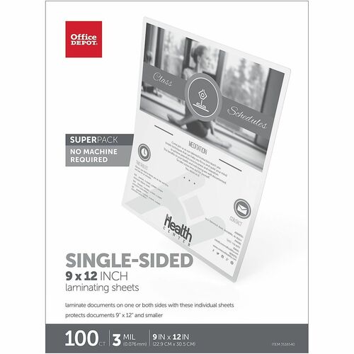 Office Depot® Brand Single-Sided Self-Sealing Laminating Sheets, 9" x 12" , 3 Mil, Clear, Pack Of 100 Sheets - Sheet Size Supported: Letter 8.50" Width x 11" Length - Laminating Pouch/Sheet Size: 9" Width x 3 mil Thickness - for Document, Photo, Busin