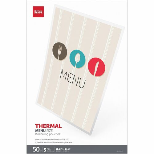 Office Depot® Brand Laminating Pouches, Menu Size, 3 Mil, 11-1/2" x 17-1/2" , Pack Of 50 - Sheet Size Supported: Menu - Laminating Pouch/Sheet Size: 11.50" Width x 3 mil Thickness - for Laminator, Document - Clear - 50 / Pack