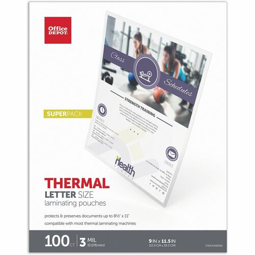 Office Depot® Brand Laminating Pouches, Letter Size, 9" x 11-1/2" , Pack Of 100 Pouches - Sheet Size Supported: Letter 8.50" Width x 11" Length - Laminating Pouch/Sheet Size: 9" Width x 3 mil Thickness - for Laminator, Document - Clear - 100 / Pack