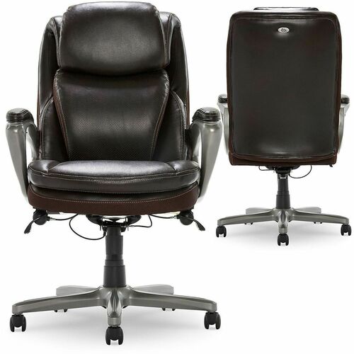 Serta Smart Layers Arlington AIR Ergonomic Bonded Leather High-Back Executive Chair, Brown - Brown Seat Color - Faux Leather, Bonded Leather Seat Material - Bonded Leather Back Material - Silver Frame Color - Plywood Frame Material - High Back - Armrest E