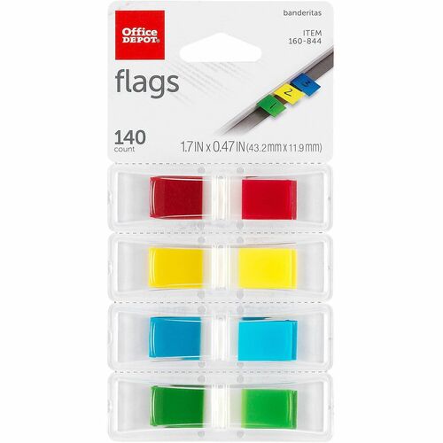 Office Depot® Brand Self-Stick Flags, 1/2" x 1 7/10" , Assorted Colors, 35 Flags Per Pad, Pack Of 4 Pads - 1 45/64" Flag/Note Width x 1/2" Flag/Note Length - Rectangle - 35 Sheets per Pad - Assorted - Durable, Self-stick - Dispenser Included - 4 / Pac