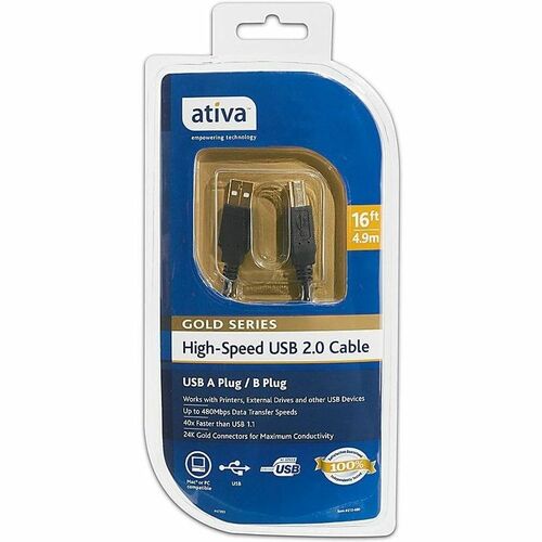 Ativa™ Gold Series USB A/B Device Cable, 16', Black - 16 ft Data Transfer Cable for PC, MAC, Computer, Notebook, Printer, Scanner - First End: 1 x USB 2.0 Type A - Male - Second End: 1 x USB 2.0 Type B - Male - 480 Mbit/s - Black - 1 Each