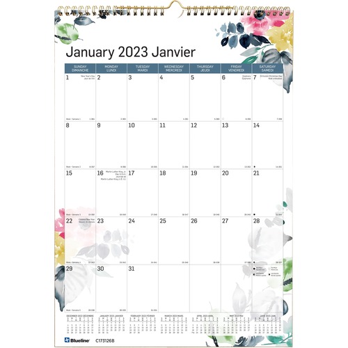 Blueline Monthly Wall calendar - Weekly - 12 Month - January 2023 till December 2023 - Twin Wire - Cardboard - 12" Width - Reference Calendar, Reinforced, Eyelet, Daily Block, Bilingual