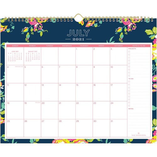 Day Designer Calendar - Medium Size - Academic - Monthly - 12 Month - July 2021 - June 2022 - 15" x 12" Sheet Size - Wire Bound - Desk - Gold, Peyton White, Floral, Multicolor - Paper - 12" Height x 15" Width - Printed, Flexible, Appointment Schedule, Rem