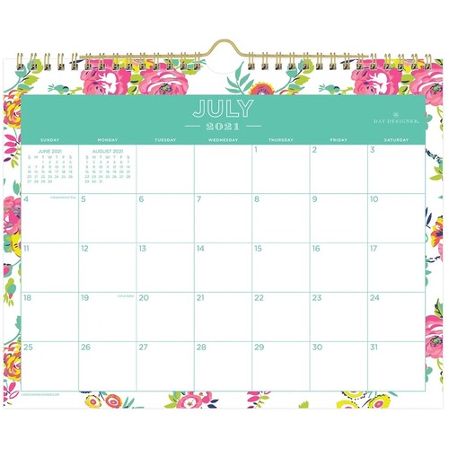 Day Designer Calendar - Medium Size - Academic - Monthly - 12 Month - July 2021 - June 2022 - 11" x 8 3/4" Sheet Size - Twin Wire - Desk - Gold, Peyton White, Floral, Multicolor - Paper - 11" Height x 8.8" Width - Printed, Flexible, Appointment Schedule, 