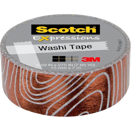 3M Expressions Washi Tape C614-P1, White and Copper Foil Swirl - 22.97 ft Length x 0.59" Width - Copper Foil - White