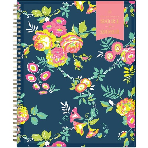 Day Designer Planner - Large Size - Academic - Weekly, Monthly - 1 Year - July 2021 - June 2022 - 1 Week, 1 Month Double Page Layout - 8 1/2" x 11" Sheet Size - Twin Wire - Gold, Peyton Navy, Clear - Paper - Floral CoverDurable, Tabbed, Note Page, Referen