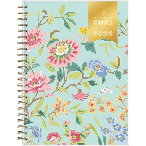 Day Designer Calendar - Academic - Monthly, Weekly - 12 Month - July 2021 - June 2022 - 1 Week, 1 Month Double Page Layout - 5 7/8" x 8 5/8" Sheet Size - Twin Wire - Mint Green, Gold, White, Clear - Floral Cover - 8.6" Height x 5.9" Width - To-do List, No