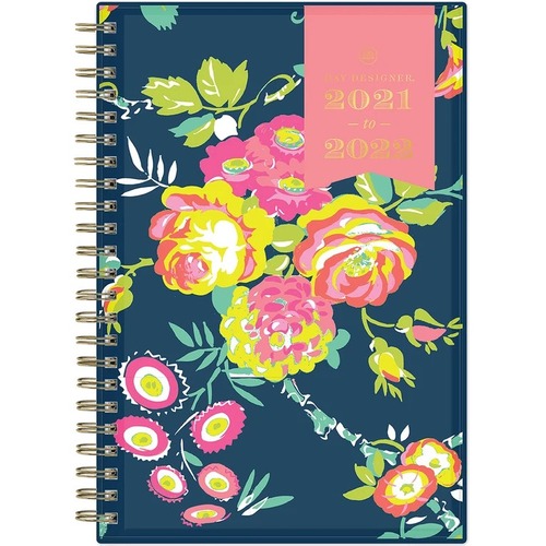 Day Designer Calendar - Medium Size - Academic - Monthly, Weekly - 12 Month - July 2021 - June 2022 - 1 Week, 1 Month Double Page Layout - 5" x 8" Sheet Size - Twin Wire - Clear, Gold, Peyton Navy - Paper - Floral CoverTo-do List, Notes Area, Durable, Tab