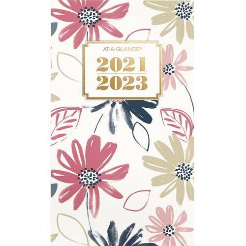 At-A-Glance Badge Floral Academic 2021-2023 Two Year Monthly Planner, Pocket, 3 1/2" x 6" - Medium Size - Academic - Julian Dates - Monthly - 24 Month - July 2021 - June 2023 - 1 Month Double Page Layout - 3 1/2" x 6" Sheet Size - Stapled - White, Gold, B