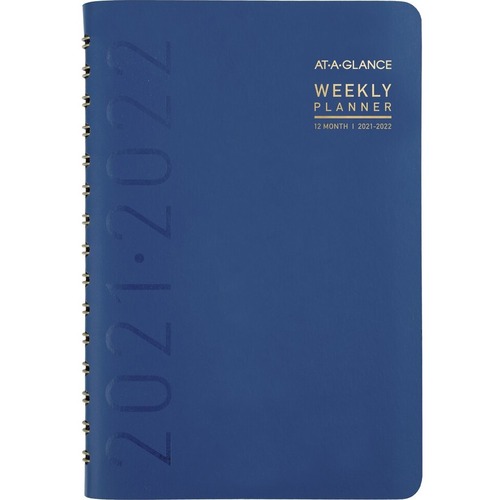 At-A-Glance Contempo Academic Monthly Planners, 5" x 8" - Small Size - Academic - Julian Dates - Monthly, Weekly - 12 Month - July 2021 - June 2022 - 1 Week, 1 Month Double Page Layout - 5" x 8" Sheet Size - Twin Wire - Blue, Gold - Paper, Faux Leather, T