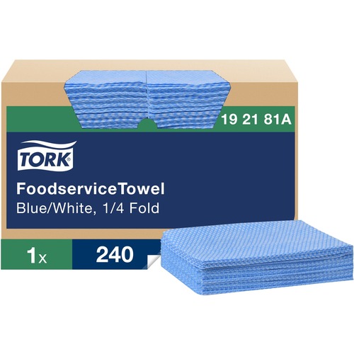 TORK Foodservice Cleaning Towel Blue/White Self Dispensing - 1 Ply - Quarter-fold - 13" Width x 21" Length - Blue, White - Viscose, Cotton - 240 / Box