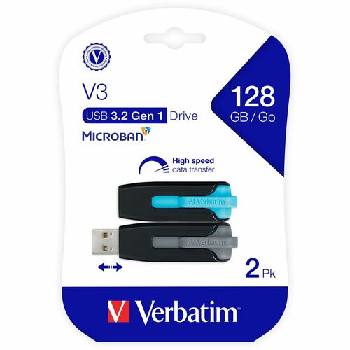 Verbatim 128GB Store 'n' Go V3 USB 3.2 Gen 1 Flash Drive - 2pk - Blue, Gray - 128 GB - USB 3.2 (Gen 1) Type A - Blue, Gray - Lifetime Warranty - 2 / Pack