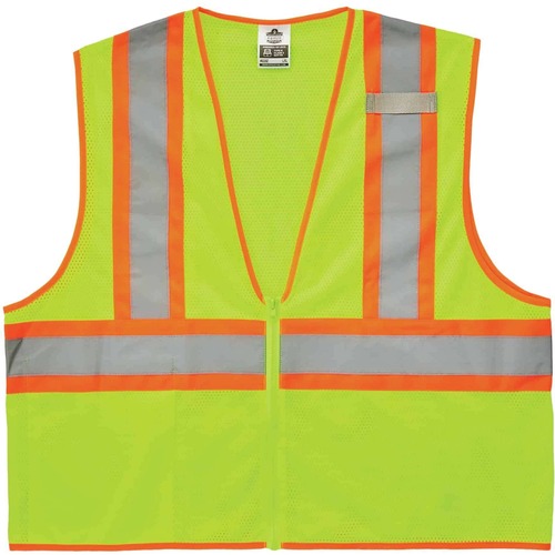 GloWear 8229Z Economy Two-Tone Vest - Recommended for: Construction, Emergency, Warehouse, Baggage Handling - Extra Small Size - Zipper Closure - Polyester Mesh, Mesh Fabric - Lime - Reflective, Pocket - 1 Each