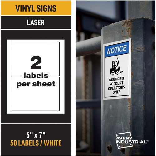 Avery® Adhesive Printable Vinyl Signs - Waterproof - 5" Width x 7" Length - Permanent Adhesive - Rectangle - Laser - White - Vinyl - 2 / Sheet - 25 Total Sheets - 50 Total Label(s) - 50 Label - Print-to-the Edge, Permanent Adhesive, Customizable, Chem