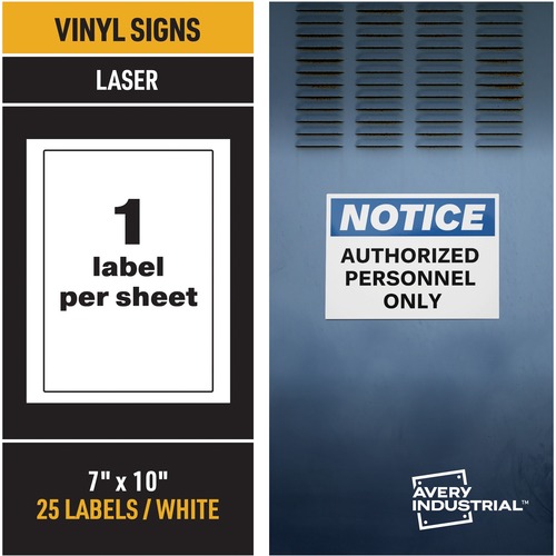 Avery® Adhesive Printable Vinyl Signs - Waterproof - 5" Width x 7" Length - Permanent Adhesive - Rectangle - Laser - White - Vinyl - 1 / Sheet - 25 Total Sheets - 25 Total Label(s) - 25 Label - Print-to-the Edge, Permanent Adhesive, Customizable, Self