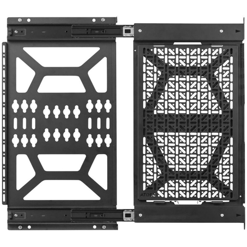 Atdec media storage sliding panel - Universal mounting hole pattern - For media and networking devices - Generous mounting area - Extended sliding distance - Removable mounting tray - Left or right side installation - All mounting hardware included