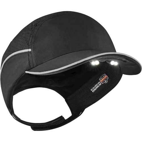 Skullerz 8965 Bump Cap Hat with LED Light - Recommended for: Mechanic, Baggage Handling, Factory, Home, Industrial - Bump, Scrape, Head Protection - Nylon, Nylon - Black - Lightweight, LED Light, Comfortable, Impact Resistant, Breathable, Ventilation, Rem
