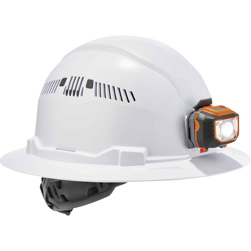 Skullerz 8973LED Full Brim Hard Hat - Recommended for: Construction, Utility, Oil & Gas, Construction, Forestry, Mining, General Purpose - Moisture, Odor, Sun, Rain, Eye, Overhead Falling Objects, Head, Neck Protection - White - Comfortable, LED Light, He