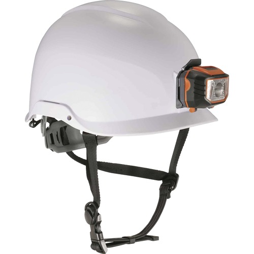 Skullerz 8974LED Class E Safety Helmet - Recommended for: Construction, Utility, Oil & Gas, Forestry, Mining, General Purpose, Climbing - Impact, Odor, Eye, Overhead Falling Objects, Heat Protection - White - Comfortable, Breathable, Machine Washable, Fle