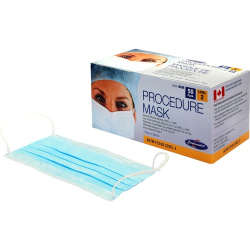 Continental Level 2 Masks - Recommended for: Face - Nose Fitter, 3-layered, Breathable, Earloop Style Mask, Elastic Loop, Latex-free, Disposable - Bacteria, Particulate Protection - Non-woven Fabric, Synthetic - Blue - 50 / Box - Safety Masks - COF19022