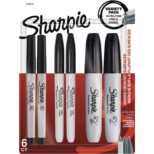 Sharpie Permanent Marker - Fine, Ultra Fine Marker Point - Chisel Marker Point Style - Black - 6 / Pack