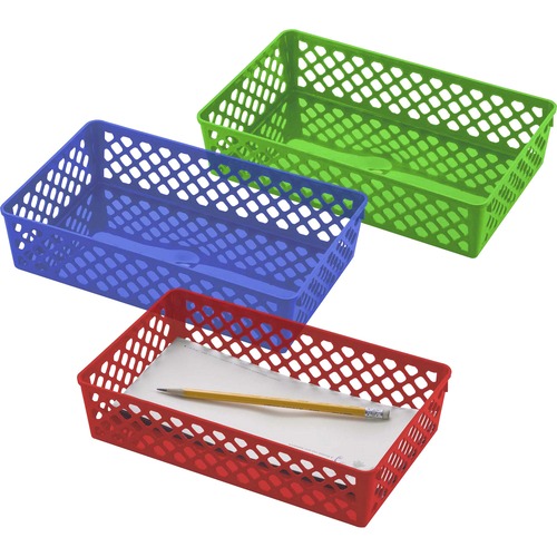 Officemate Achieva® Large Supply Basket, Assorted Colors, 3/PK - 2.4" Height x 10.6" Width x 6.1" Depth - Compact, Stackable, Storage Space, Sturdy, Heavy Duty - Blue, Green, Red - Plastic - 3 / Pack