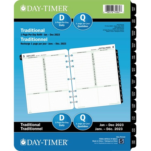 Day-Timer® Dated Page Refills - Daily - 2023 till 2023 - 1 Day Single Page Layout - 7 x Holes - Paper - 8.5" Width - Bilingual - 1 Each
