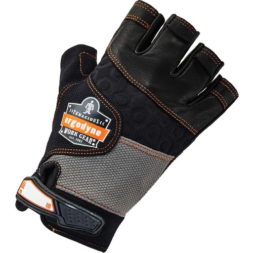 Ergodyne ProFlex 901 Half-Finger Leather Impact Gloves - Small Size - Half Finger - Black - Anti-Vibration, Breathable, Knitted, Molded, ID Tab, Pull-on Tab, Durable, Shock Resistant, Impact Resistant, Padded Palm - 2 / Pair - 1" Thickness - 10.75" Glove 