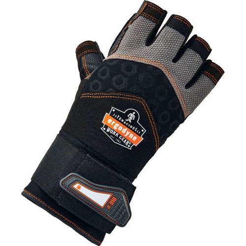 Ergodyne ProFlex 910 Half-Finger Impact Gloves + Wrist Support - Small Size - Half Finger - Black - Anti-Vibration, Shock Resistant, Impact Resistant, Wrist Support, Breathable, Knitted, Reinforced Thumb, Molded, ID Tab, Pull-on Tab, Padded Palm - 1 - 1.7