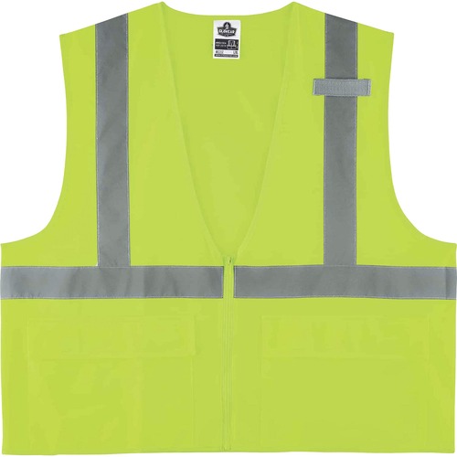 GloWear 8225Z Type R Class 2 Standard Solid Vest - Large/Extra Large Size - Zipper Closure - Fabric, Polyester - Lime - Pocket, Mic Tab, Reflective - 1 Each