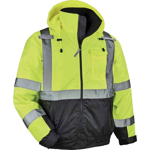 GloWear 8377 Type R Class 3 Hi-Vis Quilted Bomber Jacket - Recommended for: Accessories, Construction, Baggage Handling, Gloves, Transportation - Small Size - Velcro Strap - Drawstring Closure Closure - Polyurethane, Polyurethane - Lime - Machine Washable